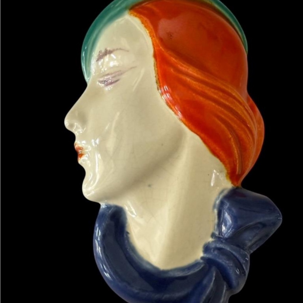 Antique 1930s Royal Dux Art Deco Porcelain Wall Face Mask | Flapper Lady | 5"